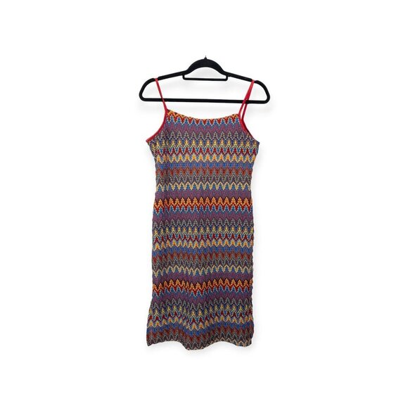 Vintage Y2K Eye Candy Zigzag Multicolor Knit Midi Dress With Red Spaghetti Strap - Picture 3 of 11